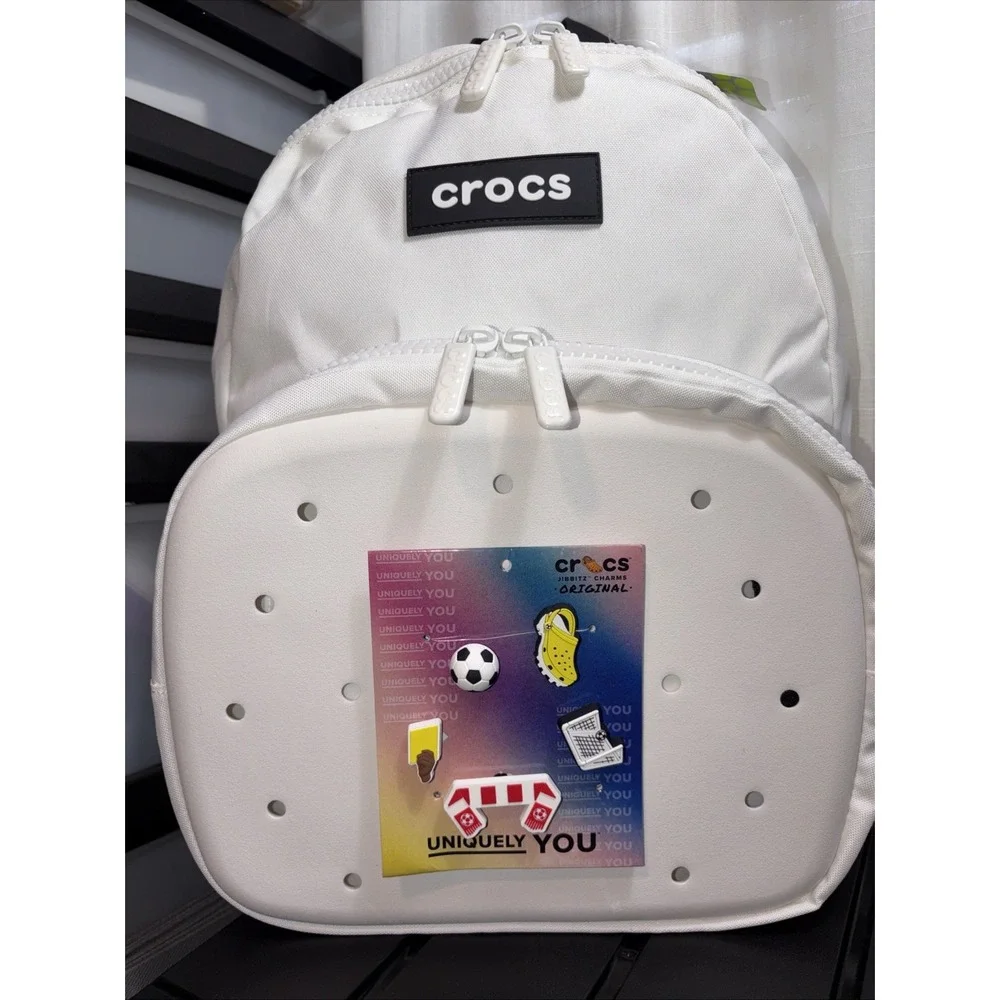 NWT Crocs Bookbag White/Black Nylon With Original Charms- 17.5